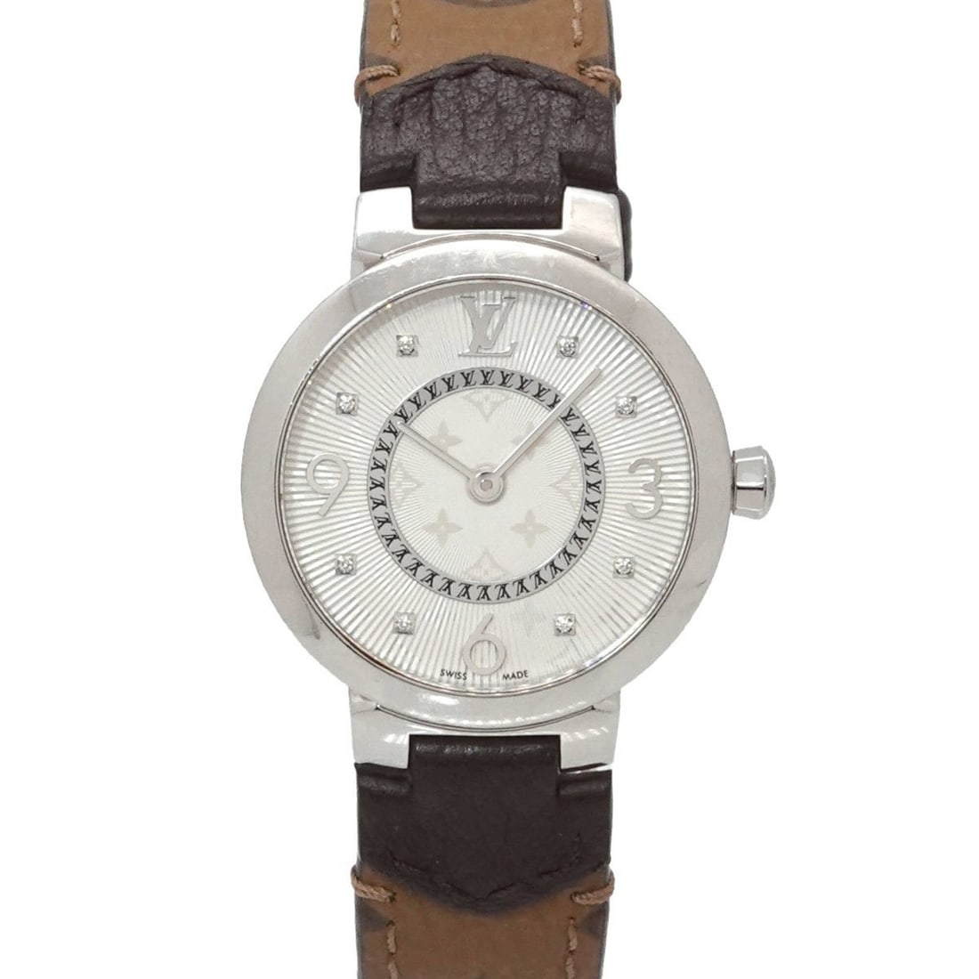 Louis Vuitton Tambour Q12MG Women's Watch, 8 Diamonds, Silver, Quartz Watch: --- Catalog ---Category: SizeWrist Size: 13cm - 17cm / 5.11'' - 6.69''Case Diameter: 28mm / 1.1''Category: DesignType: WristwatchGender: WomenColor (Dial): SilverMaterial (Band): LeatherMaterial (Case
