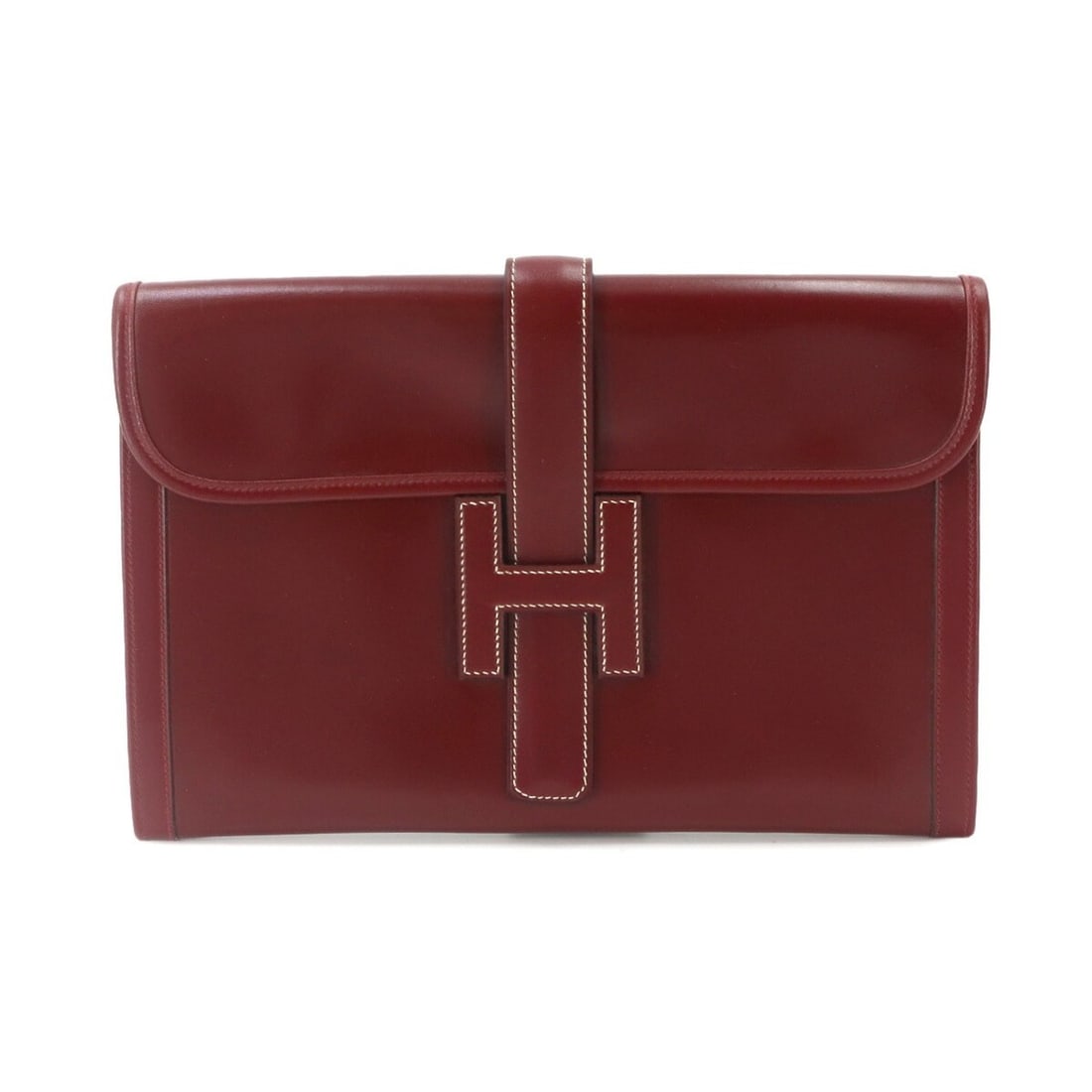 Hermes Jige PM Clutch Handbag, Box Calf Leather, Bordeaux, with H stamp, manufactured in 1978.: --- Catalog ---Category: SizeWeight: 300g / 10.58oz.Size (HxWxD): 19cm x 29cm x 2cm / 7.48'' x 11.41'' x 0.78''Category: DesignType: Clutch bag, HandbagColor: BordeauxGender: WomenMaterial: Box calf l