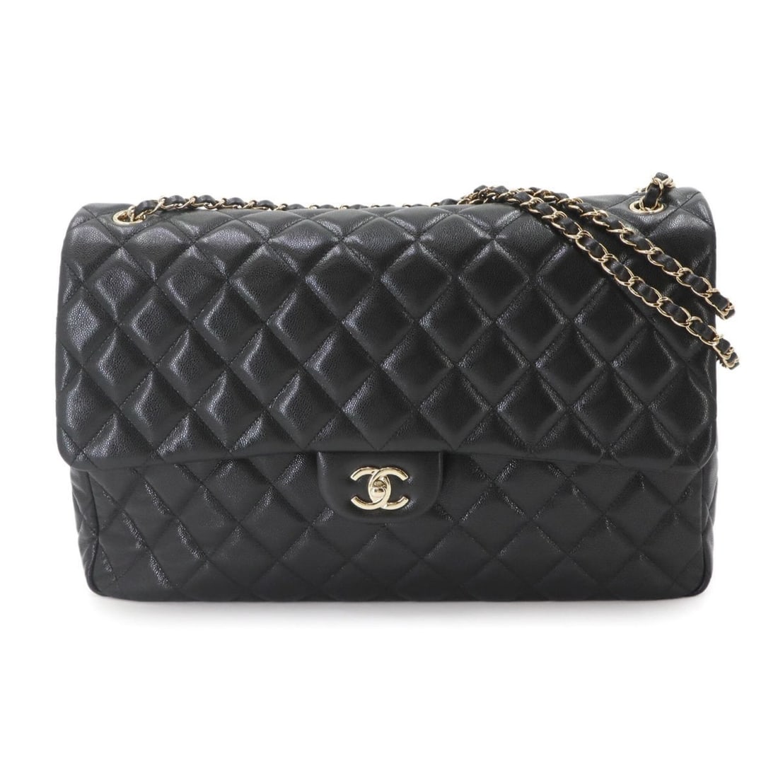 Chanel Jumbo Matelasse 40 Chain Shoulder Handbag, Soft Caviar Leather, Black with Gold Hardware.: --- Catalog ---Category: SizeWeight: 1.24kg / 2.73lb.Size (HxWxD): 25cm x 40cm x 12cm / 9.84'' x 15.74'' x 4.72''Strap Length: 72cm - 109cm / 28.34'' - 42.91''Category: DesignType: Handbag, Shoulder b