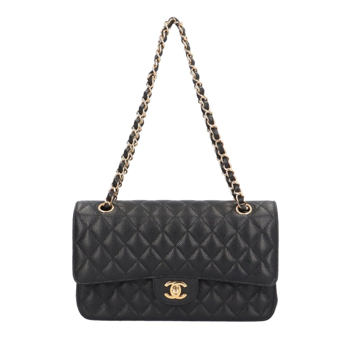 Chanel W-Flap 25 Matelassé Shoulder Bag, Caviar Skin A01112 Black, Women's, CHANEL Double Chain: --- Catalog ---Category: SizeSize (HxWxD): 15.5cm x 25.5cm x 6.5cm / 6.1'' x 10.03'' x 2.55''Category: DesignType: Shoulder bagColor: BlackGender: WomenMaterial: Grained Calfskin Category: GeneralBran