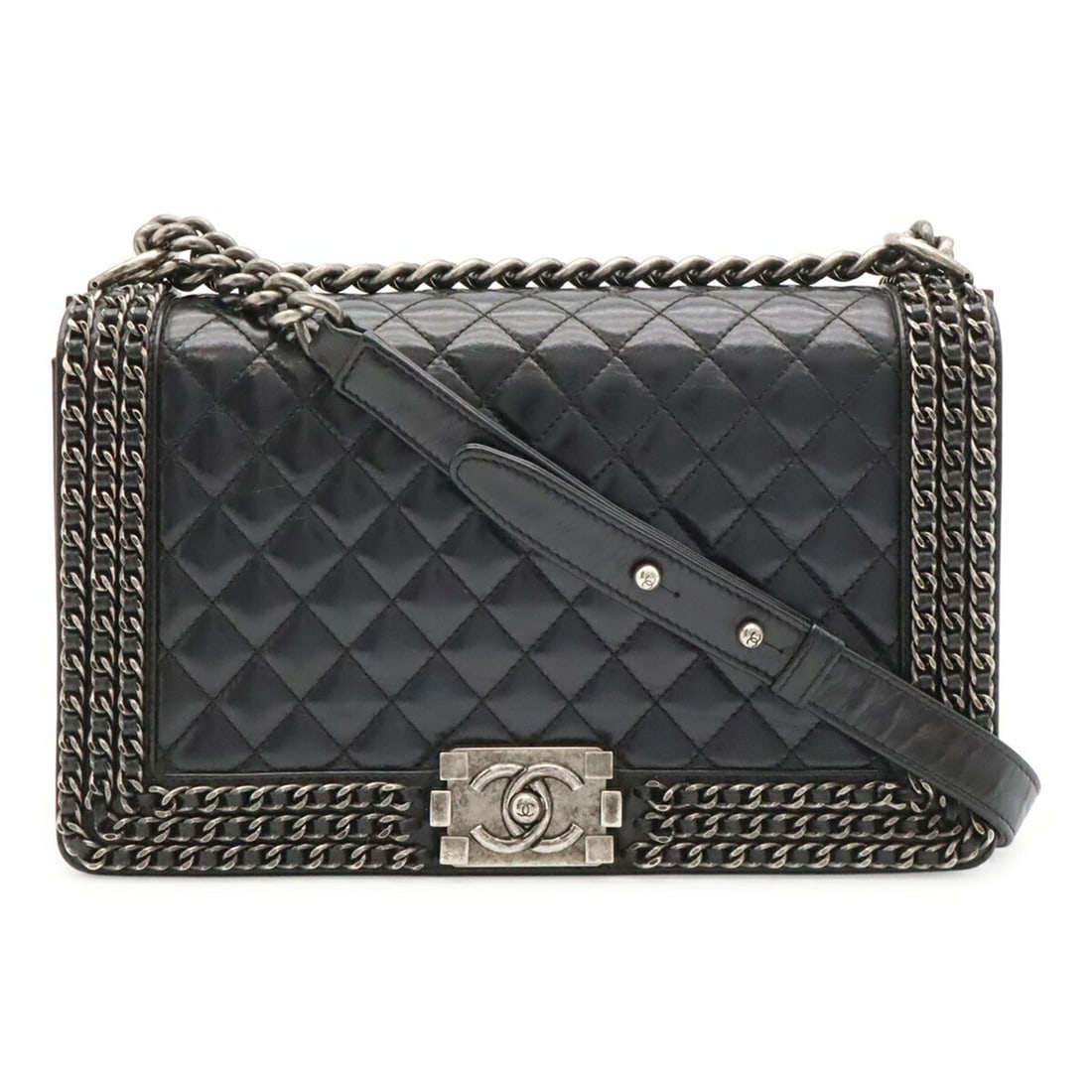 CHANEL Boy Chanel Matelassé Coco Mark Chain Shoulder Bag, Leather, Dark Navy: --- Catalog ---Category: SizeSize (HxWxD): 17.5cm x 28cm x 6cm / 6.88'' x 11.02'' x 2.36''Category: DesignType: Shoulder bagColor: Dark navyGender: WomenMaterial: Leather Category: GeneralBrand: Chane