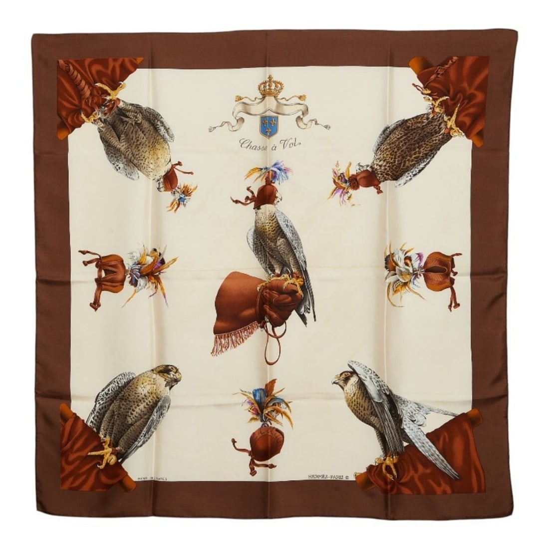 Hermes Carre 90 Chasse a Vol Falconry Scarf/Muffler, Large Size, Brown/Ivory Silk, Women's HERMES: --- Catalog ---Category: SizeSize (LxW): 89cm x 88cm / 35.03'' x 34.64''Category: DesignType: ScarfColor: Brown, IvoryGender: WomenMaterial: Silk Category: GeneralBrand: Hermes--- Item List ---Section