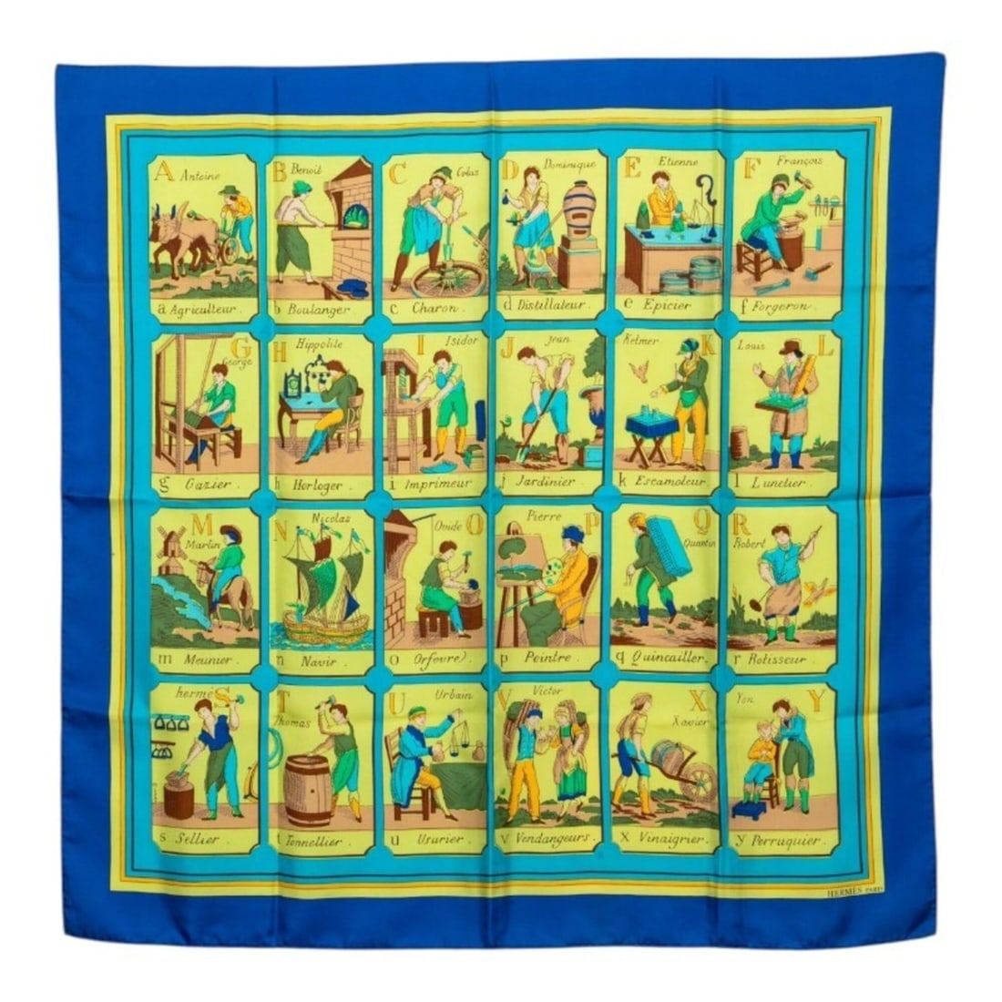 Hermes Carre 90 L'ALPHABET DES METIERS "The ABCs of Work" Scarf/Muffler, Large Size, Blue Multicolor: --- Catalog ---Category: SizeSize (LxW): 88cm x 90cm / 34.64'' x 35.43''Category: DesignType: ScarfColor: Blue, Multi-colorGender: WomenMaterial: Silk Category: GeneralBrand: Hermes--- Item List ---Se