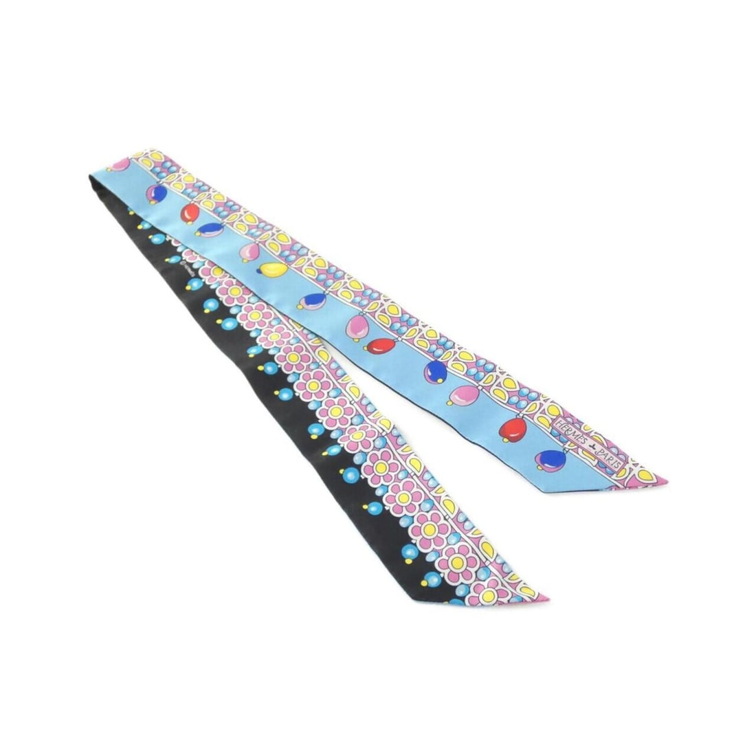 Hermes PARURES DES MAHARAJAS Twilly 063254S Scarf Muffler: --- Catalog ---Category: SizeSize (LxW): 5cm x 86cm / 1.96'' x 33.85''Category: DesignType: ScarfColor: Black, BlueGender: Men,WomenMaterial: Silk Category: GeneralMPN: 063254SBrand: Hermes--- Item Li