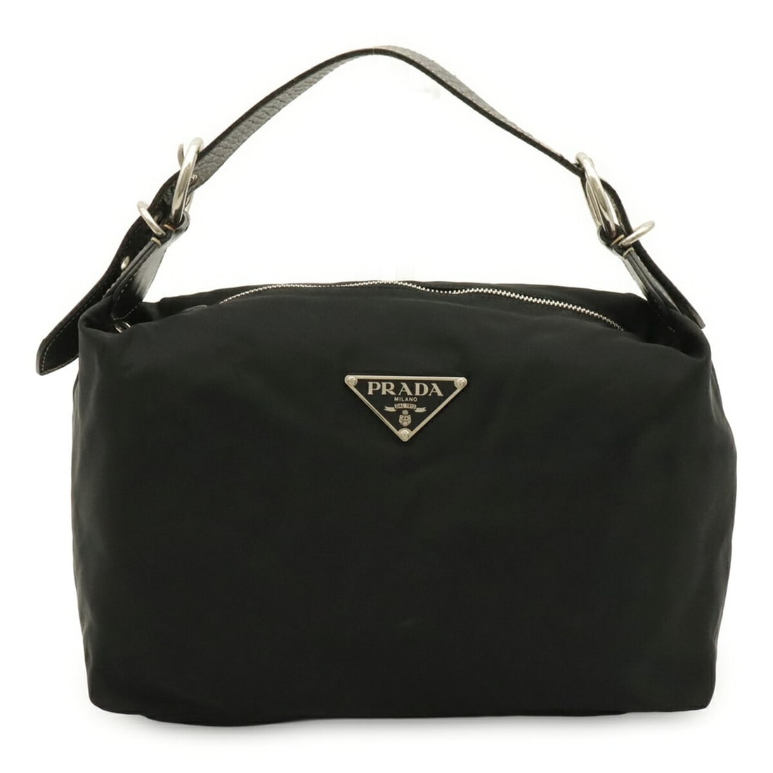 PRADA Triangle Shoulder Bag, Nylon and Leather, NERO (Black): --- Catalog ---Category: SizeSize (HxWxD): 19cm x 30cm x 14.5cm / 7.48'' x 11.81'' x 5.7''Category: DesignType: Shoulder bagColor: Black, NeroGender: WomenMaterial: Nylon , Leather Hardware Color: Sil