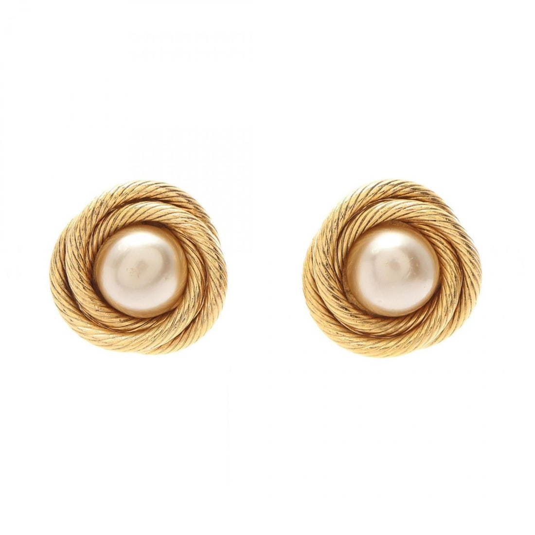Chanel Twist Frame Earrings, Gold Plated (GP), Faux Pearl, Women's, Gold/White Tones: --- Catalog ---Category: SizeSize (HxWxD): 28.00mm x 28.00mm / 1.10'' x 1.10''Category: DesignType: Clip earringsColor: Gold, WhiteGender: WomenMaterial: Artificial pearl, Gold platingCategory: Genera