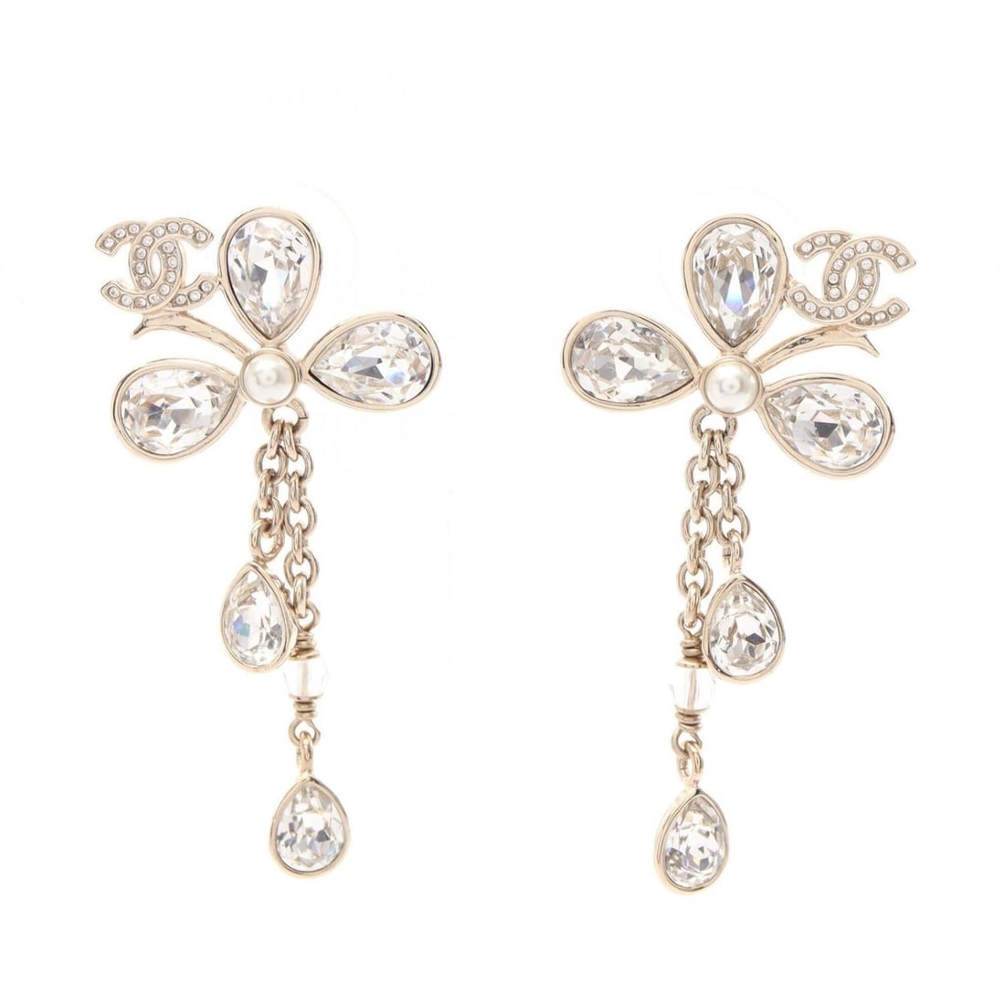 Chanel Coco Mark Flower Drop Earrings, Gold Plated (GP), Rhinestone, Faux Pearl, Women's, Gold/Clear: --- Catalog ---Category: SizeSize (HxWxD): 57.00mm x 28.00mm / 2.24'' x 1.10''Category: DesignType: Drop earringsColor: Clear, GoldGender: WomenMaterial: Artificial pearl, Gold plating, RhinestoneCate