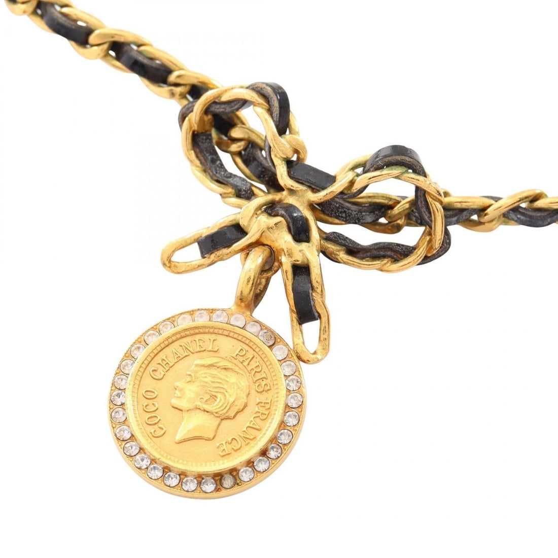 Chanel Ribbon Coin Choker Accessory, Gold Plated Leather with Rhinestones, Women's, Gold, Black,: --- Catalog ---Category: SizePendant Size: 47mm x 36mm / 1.85'' x 1.41''Neck Circumference: 38.5 cm / 15.15''Category: DesignColor: Black, Clear, GoldGender: WomenMaterial: Gold plating, Leather, Rhin