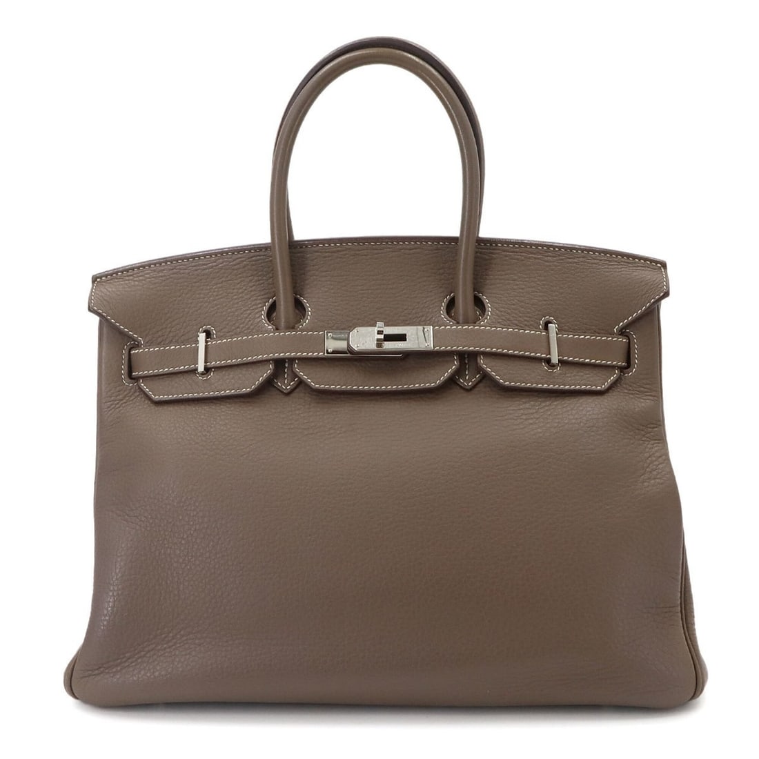 Hermes Birkin 35, Taurillon Clemence leather, Etoupe, Handbag, ?O stamp, Silver hardware.: --- Catalog ---Category: SizeWeight: 1.25kg / 2.74lb.Size (HxWxD): 28cm x 35cm x 18.5cm / 11.02'' x 13.77'' x 7.28''Handle Length: 29cm / 11.41''Category: DesignType: HandbagColor: Etoupe grayGender: 