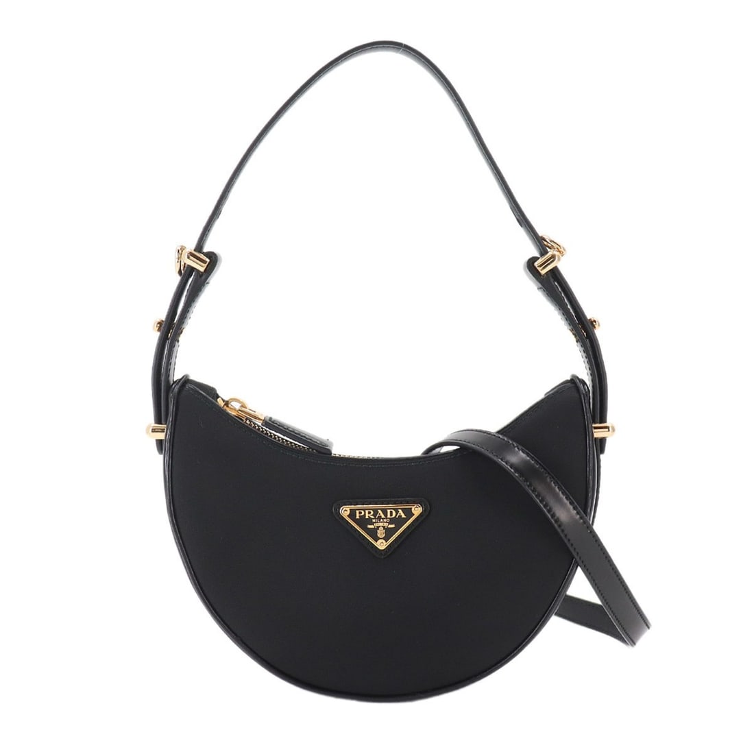 Prada Arque Small 2-way Hand/Shoulder Handbag, Nylon and Leather, Black, 1BC194, Gold Hardware: --- Catalog ---Category: SizeWeight: 255g / 8.99oz.Size (HxWxD): 11cm x 20cm x 5cm / 4.33'' x 7.87'' x 1.96''Strap Length: 91cm - 102cm / 35.82'' - 40.15''Handle Length: 28cm - 39.5cm / 11.02'' - 15.5