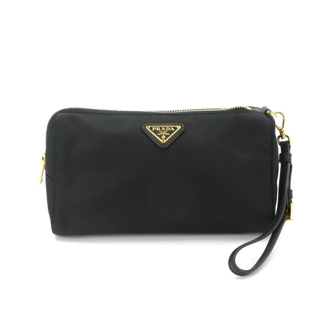 Prada handbag/pouch, nylon, Saffiano leather, black, gold hardware.: --- Catalog ---Category: SizeWeight: 130g / 4.58oz.Size (HxWxD): 14cm x 20.5cm x 10cm / 5.51'' x 8.07'' x 3.93''Strap Length: 17cm - 20cm / 6.69'' - 7.87''Category: DesignType: Handbag, PouchColor: Bl