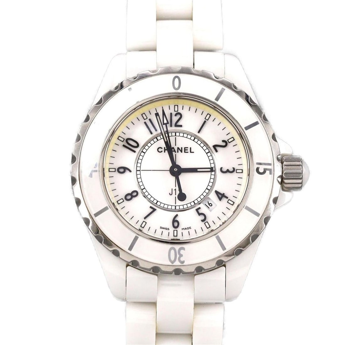 Chanel J12 33mm Ceramic H0968 Quartz Watch: --- Catalog ---Category: SizeWrist Size: 17.5cm / 6.88''Case Diameter: 33mm / 1.3''Category: DesignType: WristwatchGender: WomenColor (Dial): WhiteMaterial (Band): CeramicMaterial (Case): CeramicCateg