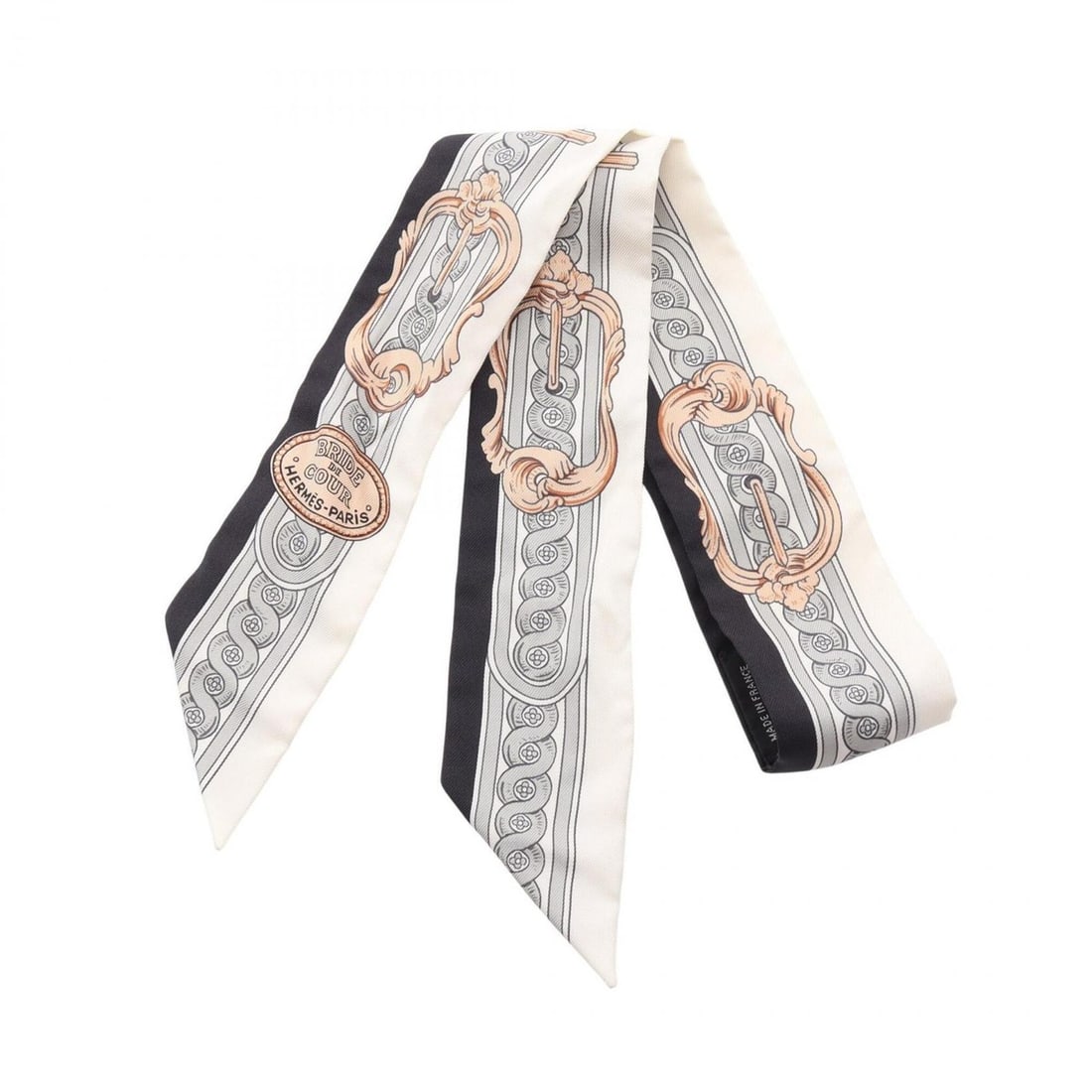 Hermes Twilly BRIDE DE COUR Scarf/Muffler, Silk, Women's, White, Black, Gray: --- Catalog ---Category: SizeSize (LxW): 85cm x 5cm / 33.46'' x 1.96''Category: DesignType: ScarfColor: Black, Gray, WhiteGender: WomenMaterial: Silk Category: GeneralBrand: Hermes--- Item List ---Sec