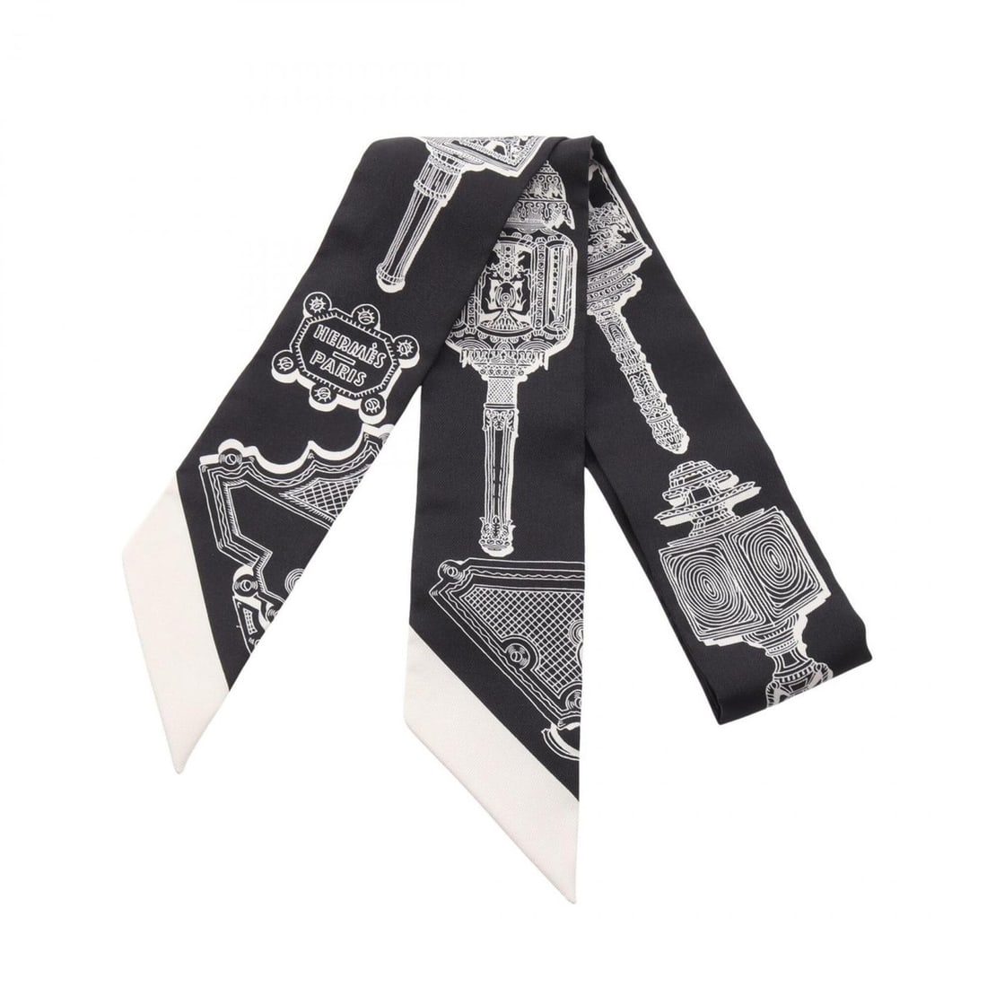 Hermes Twilly Merveilleuses Lanternes Scarf Muffler Silk Women's Black/Gray: --- Catalog ---Category: SizeSize (LxW): 85cm x 5cm / 33.46'' x 1.96''Category: DesignType: ScarfColor: Black, GrayGender: WomenMaterial: Silk Category: GeneralBrand: Hermes--- Item List ---Section: C