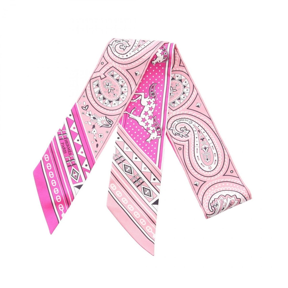 Hermes Twilly Cheval de Coeur Bandana Scarf Muffler Silk Women's Pink/White: --- Catalog ---Category: SizeSize (LxW): 85cm x 5cm / 33.46'' x 1.96''Category: DesignType: BandanaColor: Pink, WhiteGender: WomenMaterial: Silk Category: GeneralBrand: Hermes--- Item List ---Section: