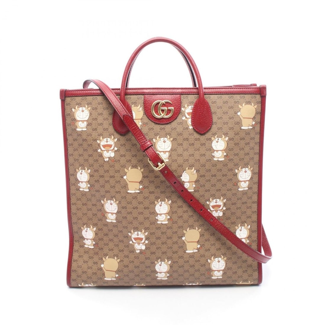 Gucci x Doraemon GG Supreme 2-Way Tote Bag/Handbag, Coated Canvas and Leather, Women's,: --- Catalog ---Category: SizeSize (HxWxD): 36.5cm x 36cm x 12cm / 14.37'' x 14.17'' x 4.72''Category: DesignType: Handbag, Tote bagColor: Brown, Multi-color, Red colorGender: WomenMaterial: PVC , Coat