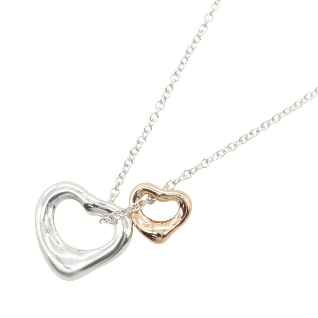 Tiffany & Co. Double Open Heart Necklace, 18K Pink Gold (PG) and Sterling Silver 925, Women's, Tone,: --- Catalog ---Category: SizePendant Size: 10mm x 11mm / 0.39'' x 0.43''Neck Circumference: 40.5 cm / 15.94''Category: DesignColor: Gold, SilverGender: WomenMaterial: Pink gold (18K), Silver 925Neckla