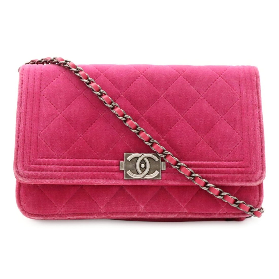 CHANEL Boy Chanel Matelassé Coco Mark Wallet Chain Shoulder Bag Velour Leather Pink (1 of 10)