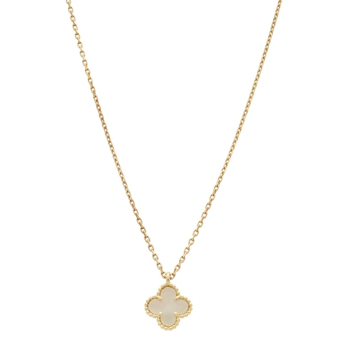 Van Cleef & Arpels VCA Sweet Alhambra Pendant Necklace 18K Yellow Gold Shell VCARF69100: --- Catalog ---Category: SizePendant Size: 9mm x 9mm / 0.35'' x 0.35''Neck Circumference: 40 cm / 15.74''Category: DesignColor: White, YellowGender: WomenMaterial: Yellow gold (18K)Necklace Type: Pend