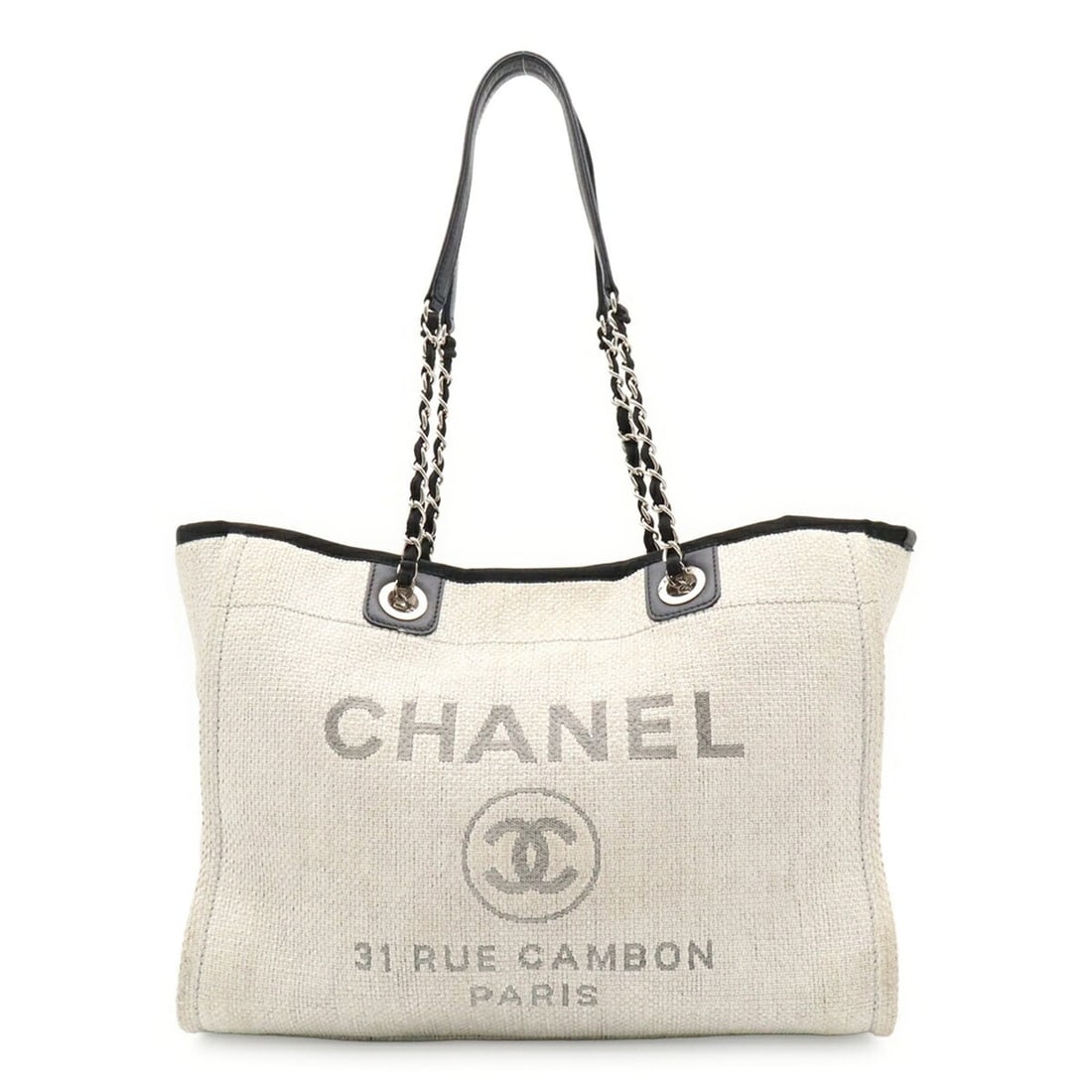 CHANEL Deauville Line Tote MM Bag Shoulder Chain Raffia Light Gray Black A67001: --- Catalog ---Category: SizeSize (HxWxD): 26cm x 34.5cm x 14cm / 10.23'' x 13.58'' x 5.51''Category: DesignType: Shoulder bag, Tote bagColor: Black, Light gray, WhiteGender: WomenMaterial: Raffia Cat