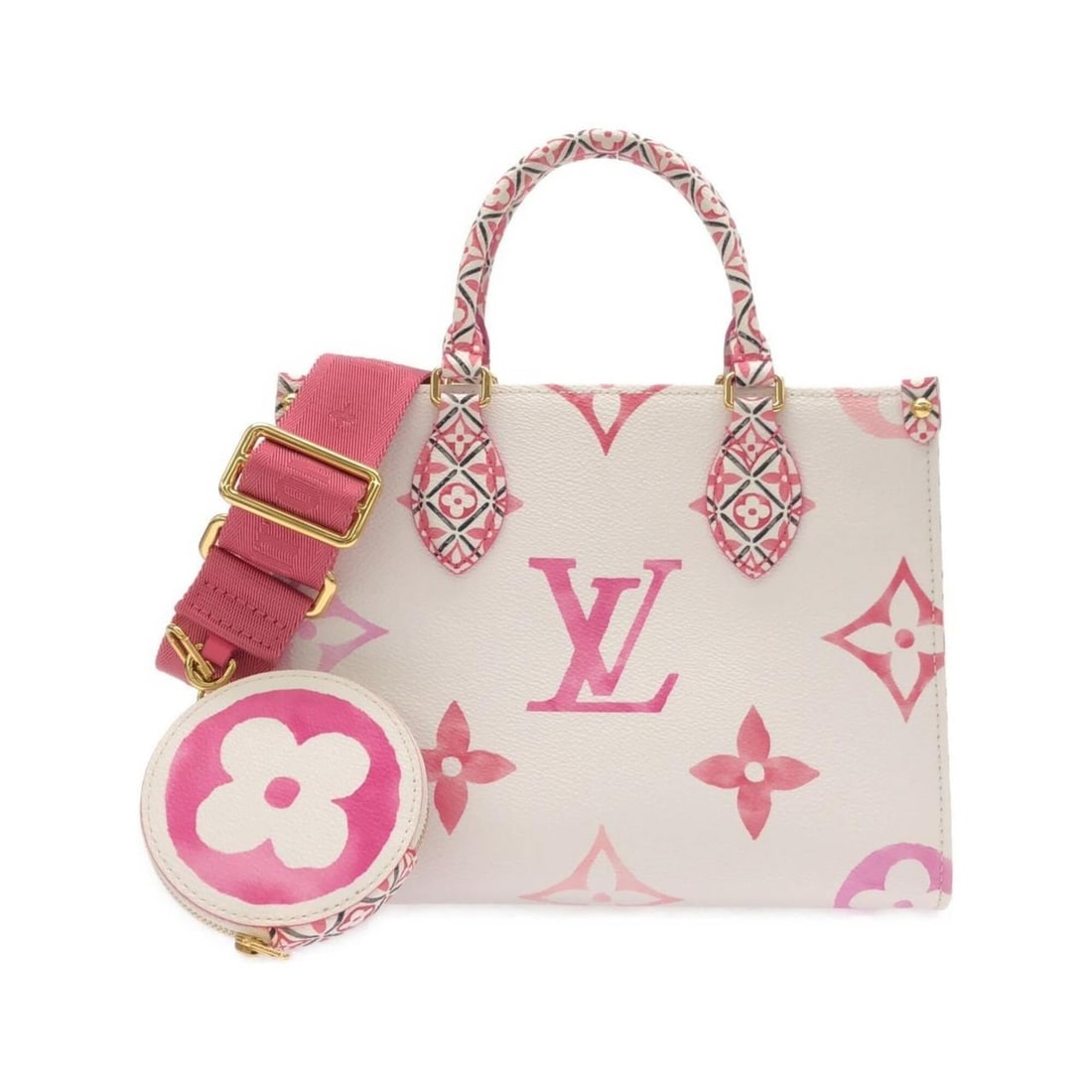 Louis Vuitton Monogram Flower Tile (LV by The OnTheGo PM M22976 Handbag): --- Catalog ---Category: SizeSize (HxWxD): 19.5cm x 25cm x 11cm / 7.67'' x 9.84'' x 4.33''Category: DesignType: Handbag, PouchColor: PinkGender: Men,WomenMaterial: Coated canvas Hardware Color: GoldCa