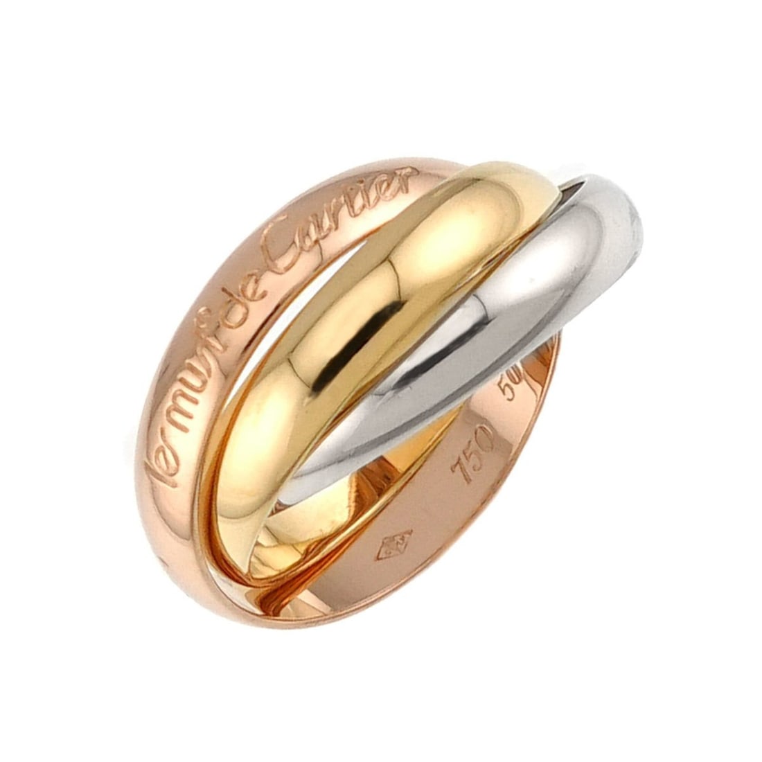 Cartier Trinity Medium MM #50 Ring, 18K Yellow Gold, White Pink Triple Band, Three 3 Colors, 750: --- Catalog ---Category: SizeUS Size: 5.5Brand Size: 50Category: DesignType: Band ringGender: WomenMaterial: Pink gold (18K), White gold (18K), Yellow gold (18K)Category: GeneralBrand: Cartier--- Item