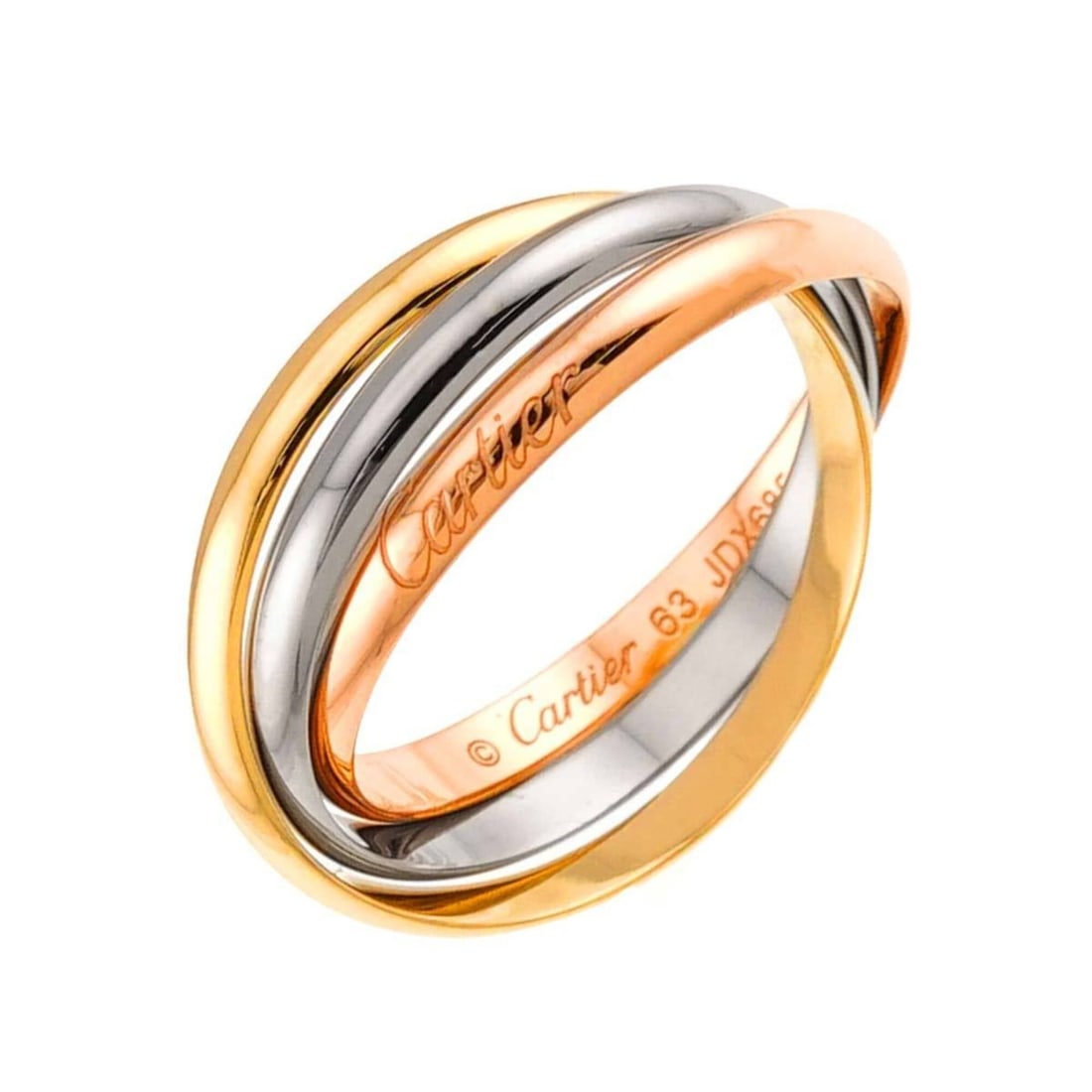 Cartier Trinity SM Ring #63, 18K Yellow Gold, White Pink Triple Band, Three Colors, 750 Gold.: --- Catalog ---Category: SizeUS Size: 11Brand Size: 63Category: DesignType: Band ringGender: MenMaterial: Pink gold (18K), White gold (18K), Yellow gold (18K)Category: GeneralBrand: Cartier--- Item Li
