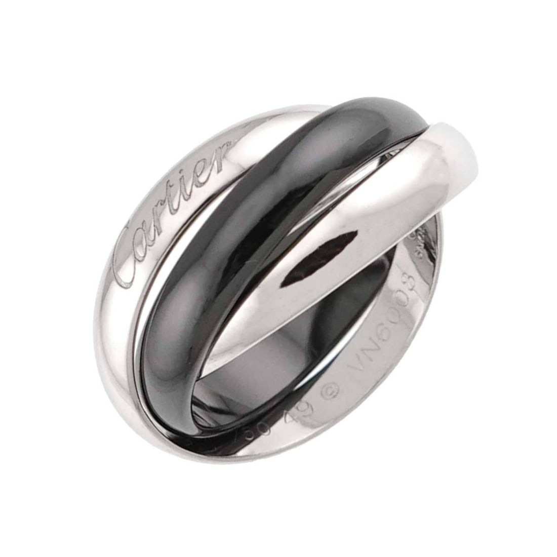 Cartier Trinity MM #49 Ring, Ceramic, 18K White Gold, Triple Band, 750 Gold.: --- Catalog ---Category: SizeUS Size: 5Brand Size: 49Category: DesignType: Band ringGender: WomenMaterial: Ceramic, White gold (18K)Category: GeneralBrand: Cartier--- Item List ---Section: ConditionRa
