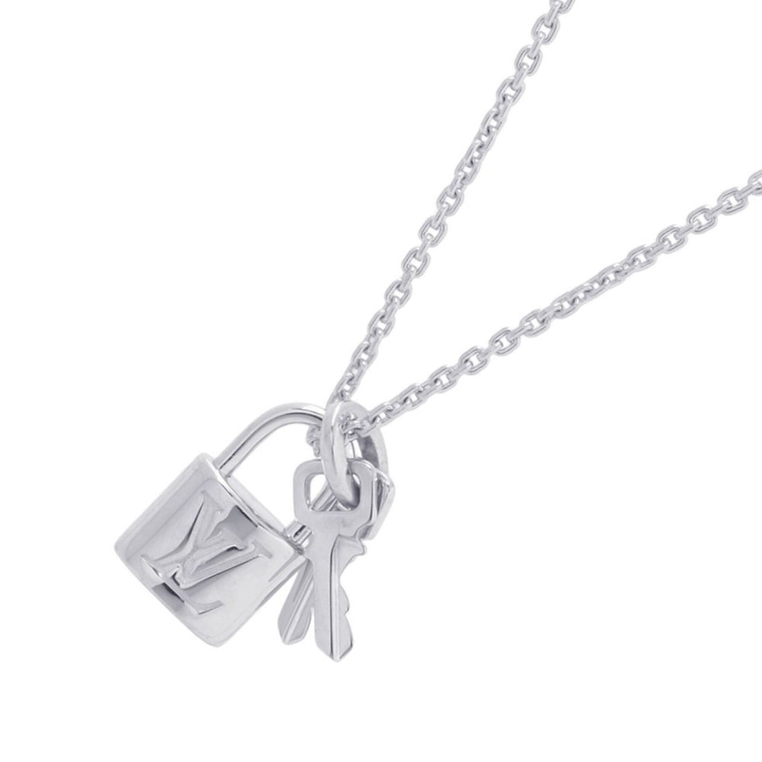 Louis Vuitton Pendant Lockit Necklace, 18K White Gold, Q93320. (LOUIS VUITTON pendant necklace): --- Catalog ---Category: SizePendant Size: 12.9mm x 7.7mm / 0.5'' x 0.3''Neck Circumference: 50.5 cm / 19.88''Category: DesignGender: Women,MenMaterial: White gold (18K)Pendant Type: PendantNecklace T