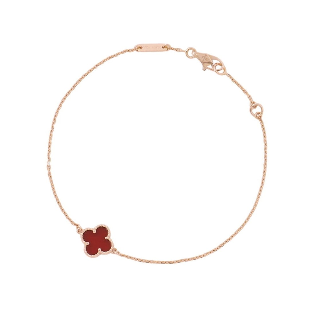 Van Cleef & Arpels Sweet Alhambra Bracelet Carnelian 18KPG Pink Gold VCARN59K00: --- Catalog ---Category: SizeLength: 16cm - 17.5cm / 6.29'' - 6.88''Category: DesignType: Charm braceletGender: WomenMaterial: Pink gold (18K)Category: GeneralBrand: Van Cleef & Arpels--- Item List --