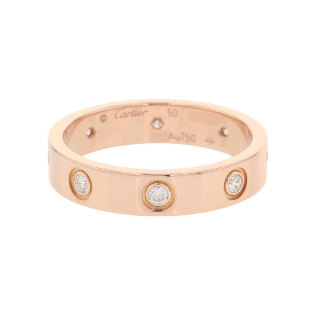 Cartier Love Ring SM (Small Model) with 8 Diamonds (0.19ct total) in 18K Pink Gold, Size 50: --- Catalog ---Category: SizeUS Size: 5.5Brand Size: 50Category: DesignType: Band ringGender: WomenMaterial: Pink gold (18K)Category: GeneralBrand: Cartier--- Item List ---Section: ConditionRanking: R