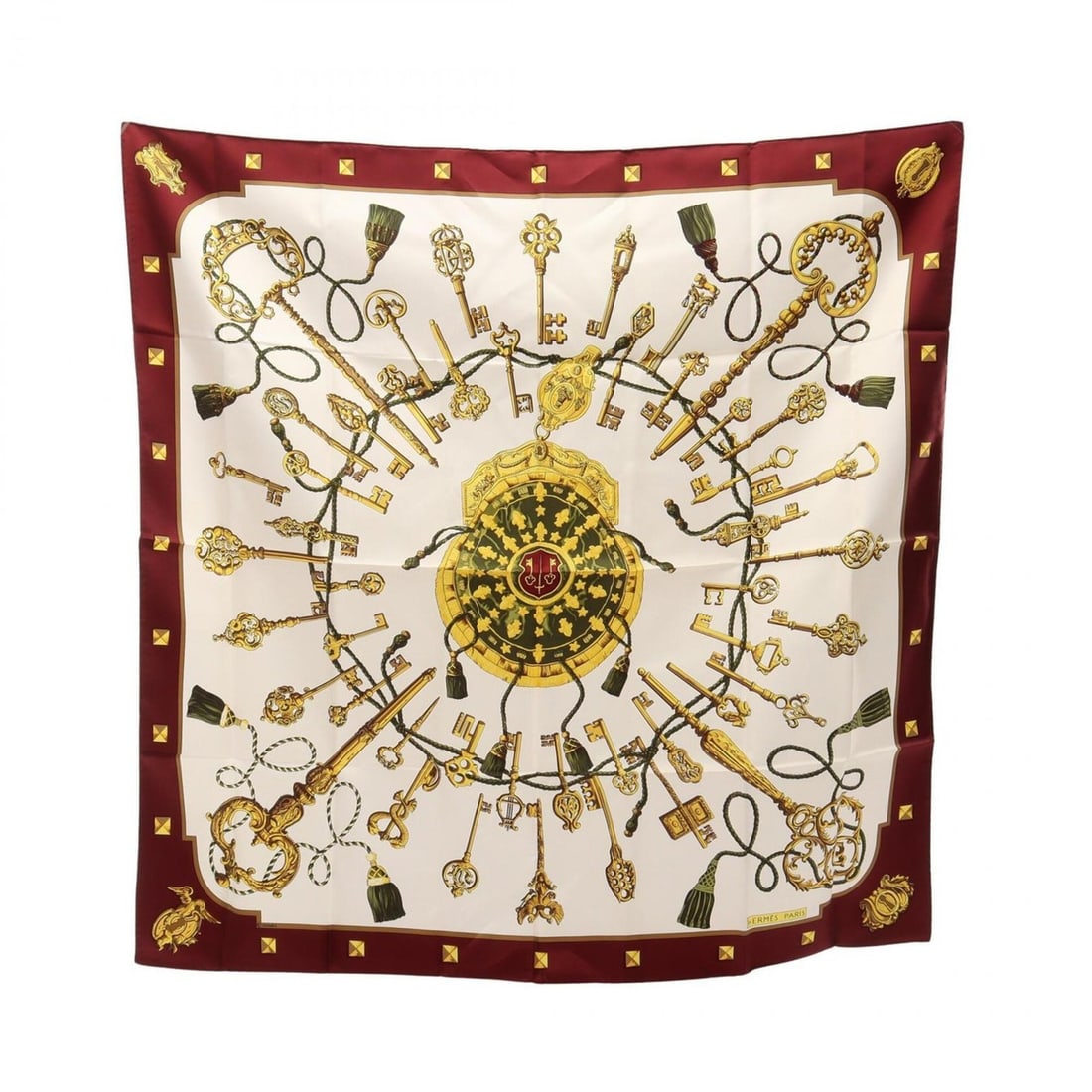 Hermes Carre 90 Les Cles Scarf/Muffler, Silk, Women's, White/Burgundy/Multicolor: --- Catalog ---Category: SizeSize (LxW): 88cm x 88cm / 34.64'' x 34.64''Category: DesignType: ScarfColor: Bordeaux, Multi-color, WhiteGender: WomenMaterial: Silk Category: GeneralBrand: Hermes--- Item