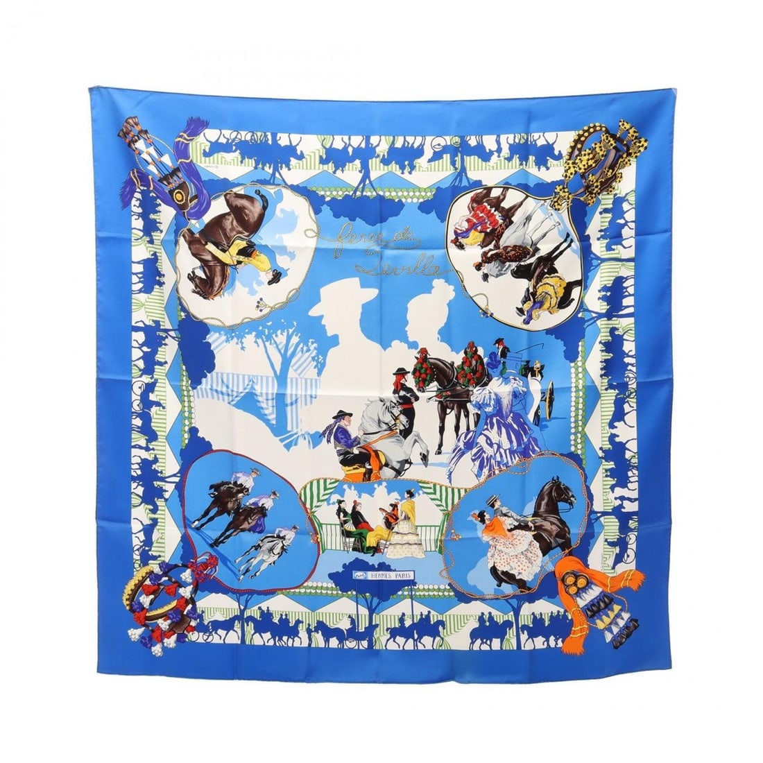 Hermes Carre 90 Feria de Sevilla Scarf/Muffler, Silk, Women's, Blue/Multicolor: --- Catalog ---Category: SizeSize (LxW): 88cm x 88cm / 34.64'' x 34.64''Category: DesignType: ScarfColor: Blue, Multi-colorGender: WomenMaterial: Silk Category: GeneralBrand: Hermes--- Item List ---Se