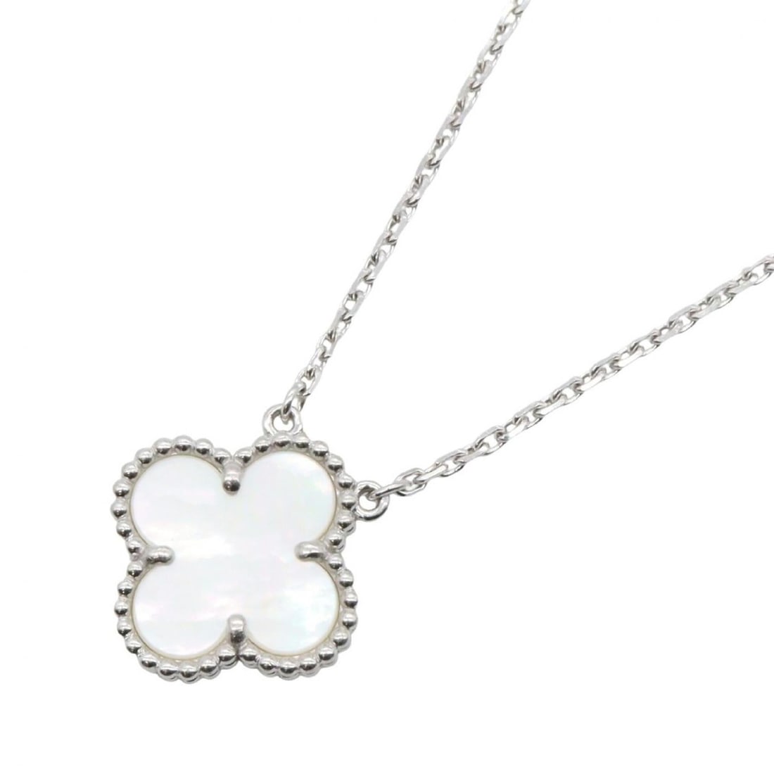 Van Cleef & Arpels Vintage Alhambra Mother of Pearl Necklace, 18K White Gold (18KWG), Pearl,: --- Catalog ---Category: SizePendant Size: 15mm x 15mm / 0.59'' x 0.59''Neck Circumference: 37 cm - 41.5 cm / 14.56'' - 16.33''Category: DesignColor: Silver, WhiteGender: WomenMaterial: White gold (18