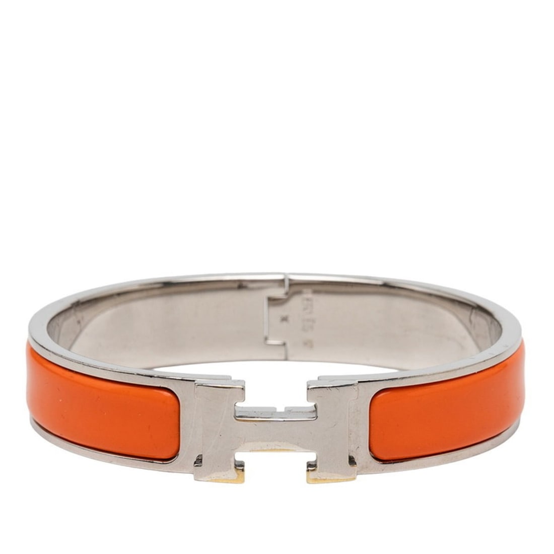 Hermes Click H PM Bracelet Bangle Silver Orange Metal Enamel Women's HERMES: --- Catalog ---Category: SizeLength: 15.5cm / 6.1''Category: DesignType: Charm braceletColor: Orange, SilverGender: WomenMaterial: Enamel, MetalCategory: GeneralBrand: Hermes--- Item List ---Section: 