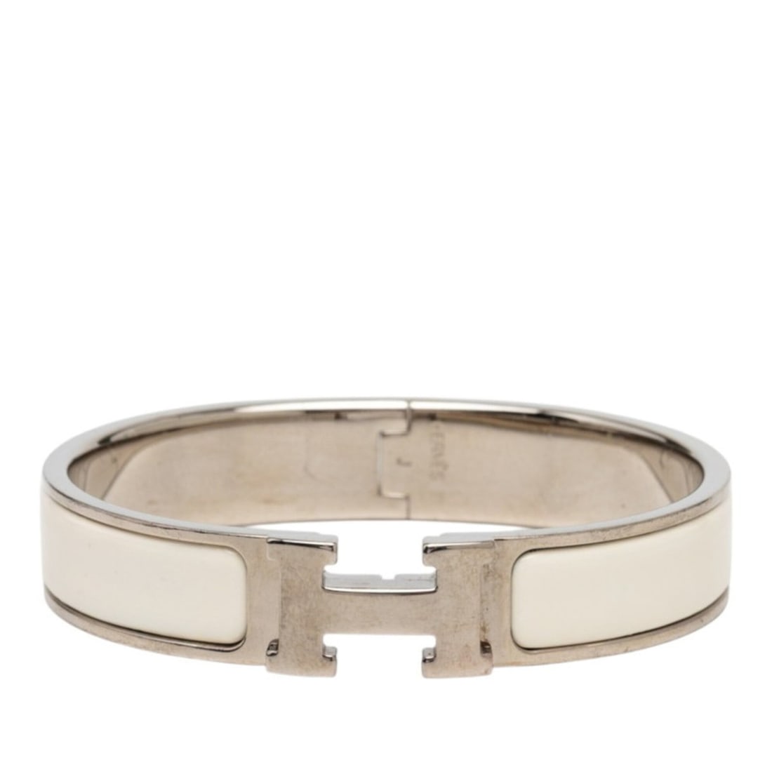 Hermes Click H PM Bracelet Bangle Silver Ivory Metal Enamel Women's HERMES: --- Catalog ---Category: SizeLength: 15.5cm / 6.1''Category: DesignType: Charm braceletColor: Ivory, SilverGender: WomenMaterial: Enamel, MetalCategory: GeneralBrand: Hermes--- Item List ---Section: C