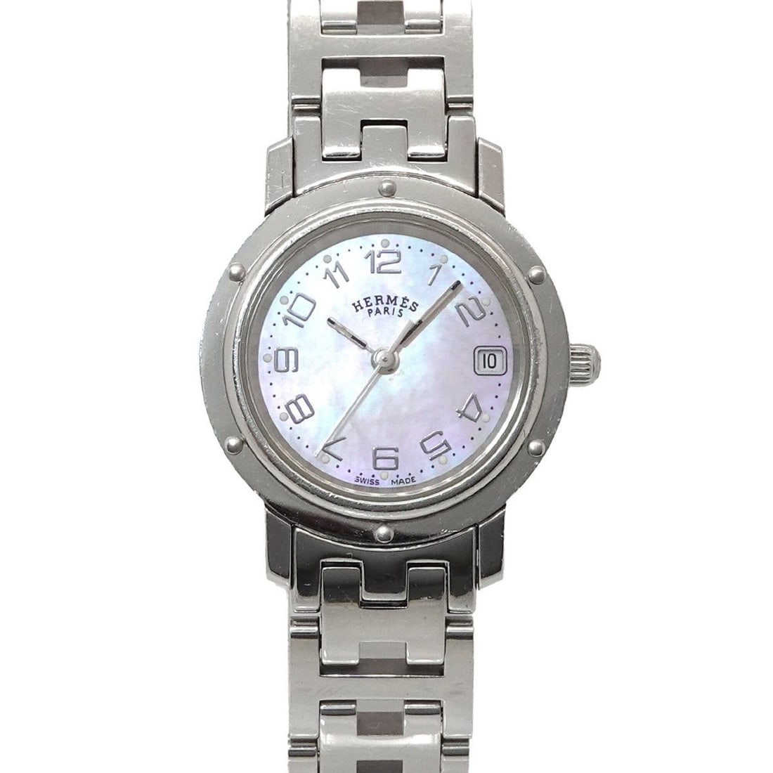 Hermes Clipper Nacre CL4 210 Women's Watch, Date Display, Pink Shell, Quartz Watch: --- Catalog ---Category: SizeWrist Size: 15.5cm / 6.1''Case Diameter: 24mm / 0.94''Category: DesignType: WristwatchGender: WomenColor (Dial): Pink shellMaterial (Band): Stainless steelMaterial (Case):