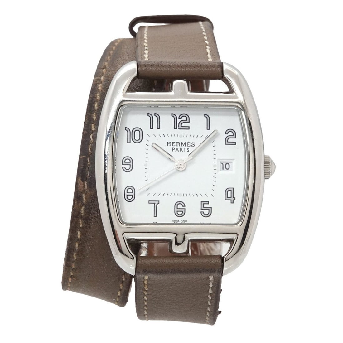 Hermes Cape Cod Tonneau Double Tour CT1 710 Boys' Watch, Date, White Quartz Watch: --- Catalog ---Category: SizeWrist Size: 15cm - 16.5cm / 5.9'' - 6.49''Case Diameter: 33mm / 1.3''Category: DesignType: WristwatchGender: Boys,WomenColor (Dial): WhiteMaterial (Band): Leather, Stainle