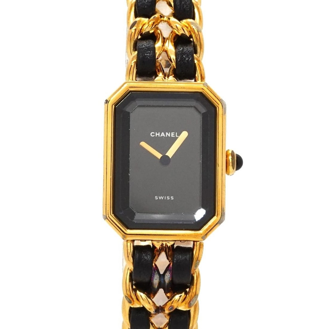 Chanel Premiere Large Size H0001 Women's Watch Black Gold Quartz: --- Catalog ---Category: SizeWrist Size: 16.5cm / 6.49''Case Diameter: 20mm / 0.79''Category: DesignType: WristwatchGender: WomenColor (Dial): BlackMaterial (Band): Gold plated, Leather, Stainless ste