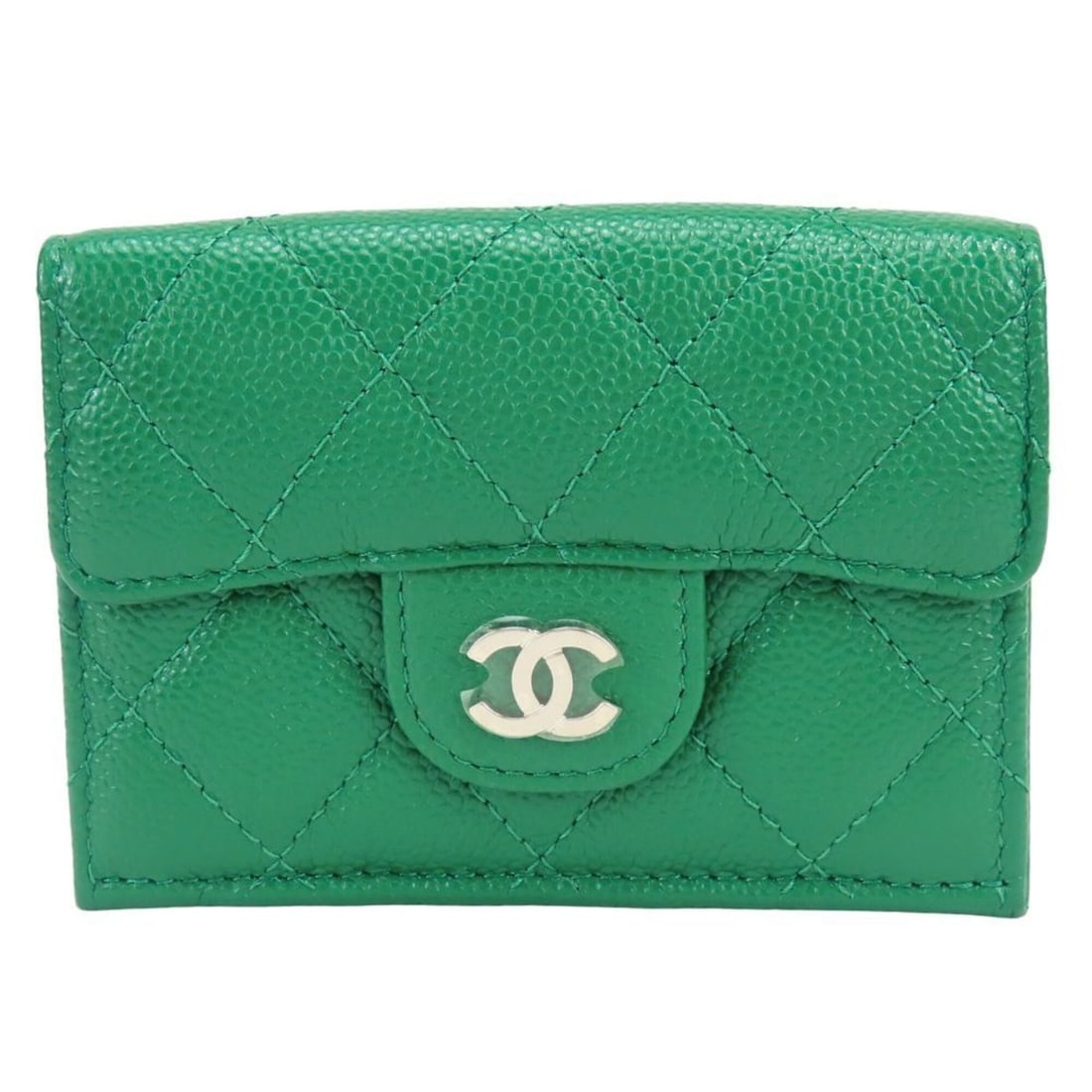 CHANEL Tri-fold Wallet, Compact, Matelassé, Coco Mark, Caviar Leather, Green, Silver Hardware,: --- Catalog ---Category: SizeSize (HxWxD): 7.3cm x 10.3cm x 3.5cm / 2.87'' x 4.05'' x 1.37''Category: DesignType: Wallet (tri-fold)Color: GreenGender: WomenMaterial: Grained Calfskin Category: General