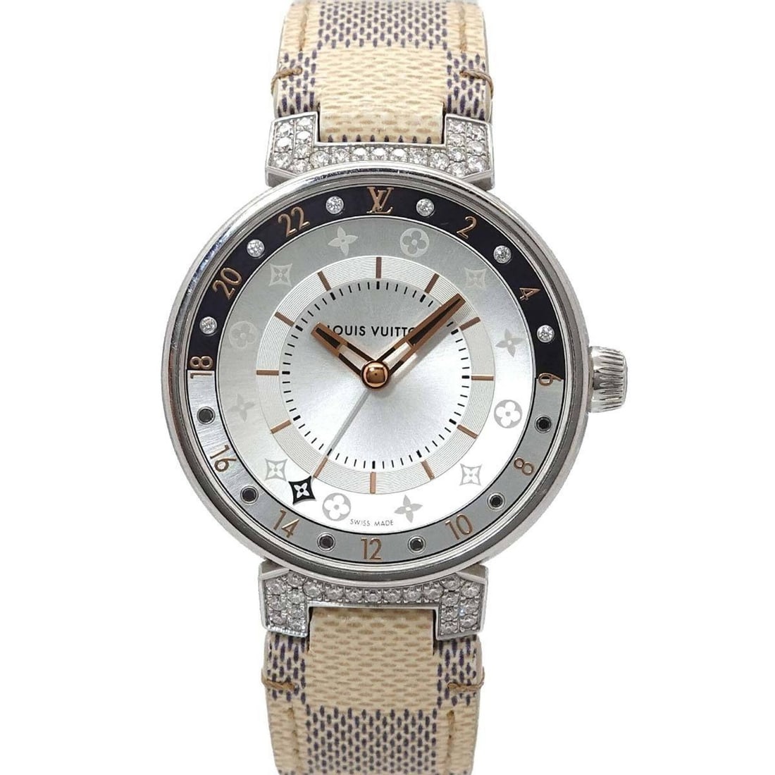Louis Vuitton Tambour Moon Dual Time MM GMT QA108 Ladies' Watch with 12 Diamond Lugs, Black: --- Catalog ---Category: SizeWrist Size: 12.5cm - 17cm / 4.92'' - 6.69''Case Diameter: 35mm / 1.38''Category: DesignType: WristwatchGender: WomenColor (Dial): SilverMaterial (Band): LeatherMaterial (C