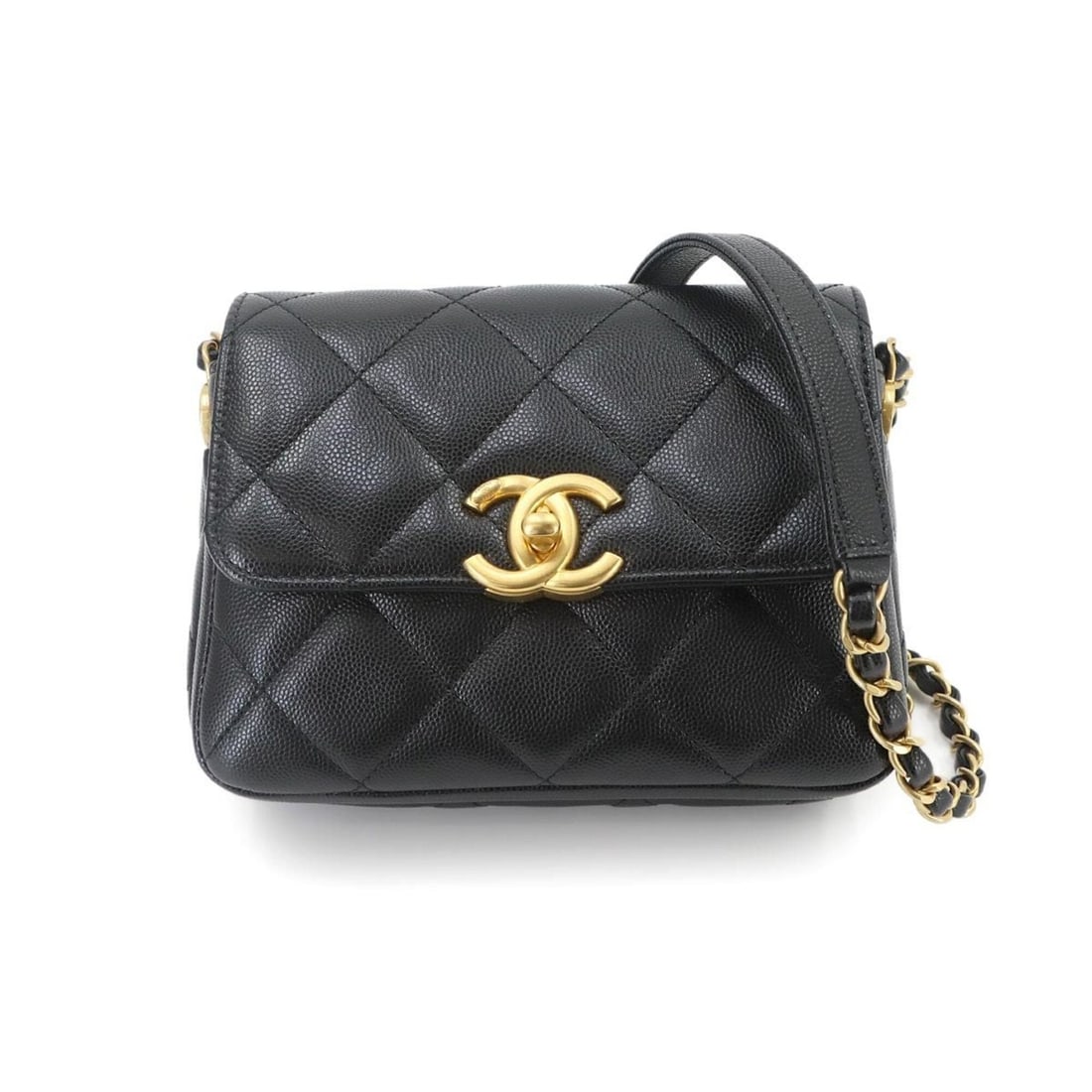 Chanel Matelasse Mini Flap Chain Shoulder Handbag, Caviar Leather, Black with Gold Hardware: --- Catalog ---Category: SizeWeight: 470g / 1.03lb.Size (HxWxD): 13cm x 18cm x 6cm / 5.11'' x 7.08'' x 2.36''Strap Length: 117cm / 46.06''Category: DesignType: Handbag, Shoulder bagColor: BlackGender: