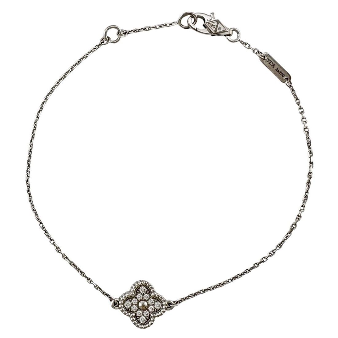 Van Cleef & Arpels Sweet Alhambra Bracelet, 18K White Gold, Diamonds, Women's.: --- Catalog ---Category: SizeLength: 17cm / 6.69''Category: DesignType: Charm braceletColor: GoldGender: WomenMaterial: White gold (18K)Category: GeneralBrand: Van Cleef & ArpelsCountry of Origin: Fra
