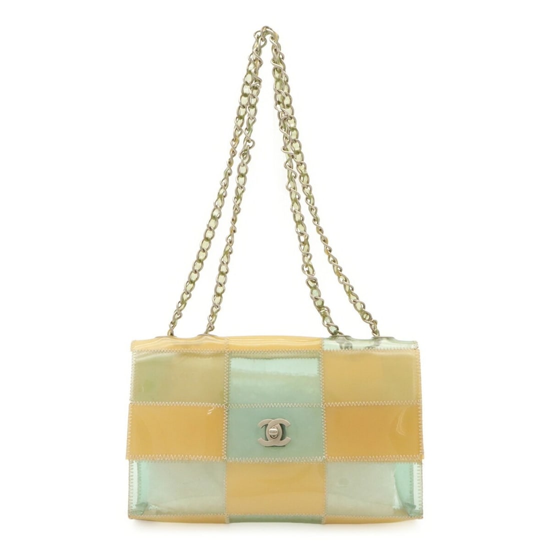 CHANEL Chocolate Bar Coco Mark Chain Shoulder Bag, Vinyl, Light Blue/Beige: --- Catalog ---Category: SizeSize (HxWxD): 15.5cm x 25cm x 6cm / 6.1'' x 9.84'' x 2.36''Category: DesignType: Shoulder bagColor: Beige, Light blueGender: WomenMaterial: Vinyl Hardware Color: SilverCat