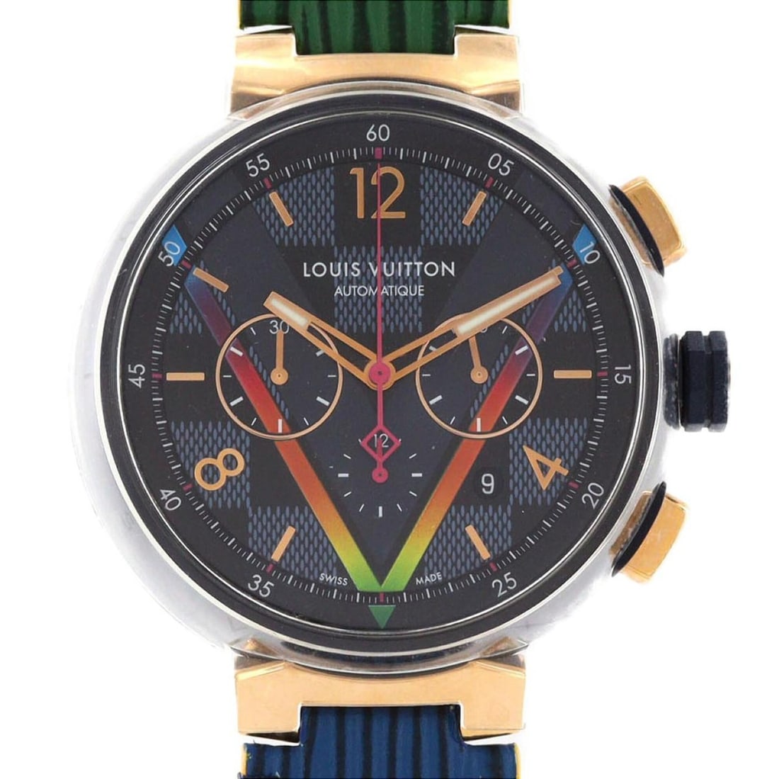 Louis Vuitton Tambour Chrono Damier Cobalt V Rainbow PVDxPG LIMITED QA129 SSxPG Automatic Watch: --- Catalog ---Category: SizeCase Diameter: 46mm / 1.81''Category: DesignType: WristwatchGender: MenColor (Dial): Black, BlueMaterial (Case): Pink gold, Stainless steelCategory: GeneralMPN: QA129Brand