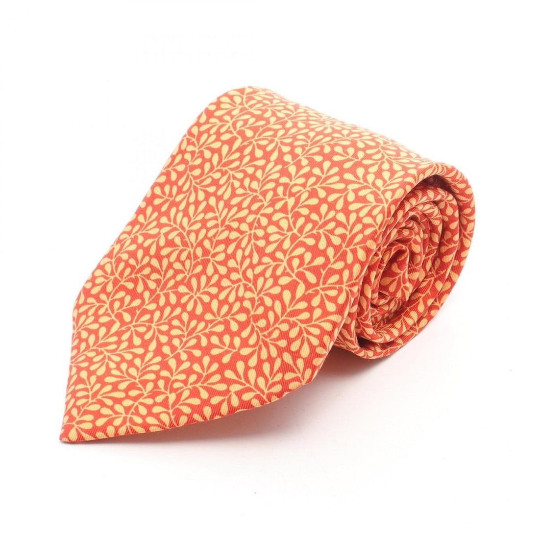 Hermes silk tie with leaf pattern, men's, red/orange tones. (1 of 10)
