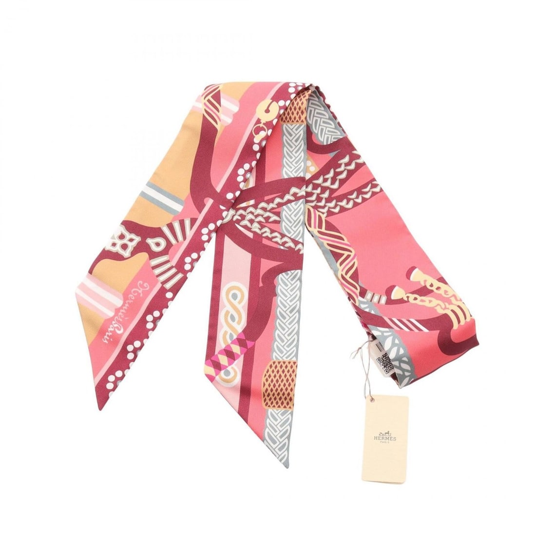 Hermes Twilly Fantaisie d'Etriers Ribbon Scarf Muffler Silk Women's Pink/Burgundy Multicolor 063921S: --- Catalog ---Category: SizeSize (LxW): 85cm x 5cm / 33.46'' x 1.96''Category: DesignType: ScarfColor: Bordeaux, Multi-color, PinkGender: WomenMaterial: Silk Category: GeneralMPN: 063921SBrand: Herme