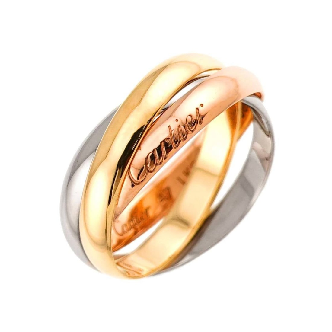 Cartier Trinity Small SM #47 Ring, 18K Yellow Gold, White Pink 5-Row Design, Three 3 Colors, 750: --- Catalog ---Category: SizeUS Size: 4Brand Size: 47Category: DesignType: Band ringGender: WomenMaterial: Pink gold (18K), White gold (18K), Yellow gold (18K)Category: GeneralBrand: Cartier--- Item L