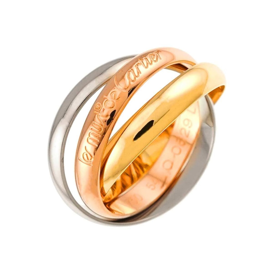 Cartier Trinity MM #54 Ring, 18K Yellow Gold, White Pink Triple Band, Three Colors, 750 Gold.: --- Catalog ---Category: SizeUS Size: 7Brand Size: 54Category: DesignType: Band ringGender: WomenMaterial: Pink gold (18K), White gold (18K), Yellow gold (18K)Category: GeneralBrand: Cartier--- Item L