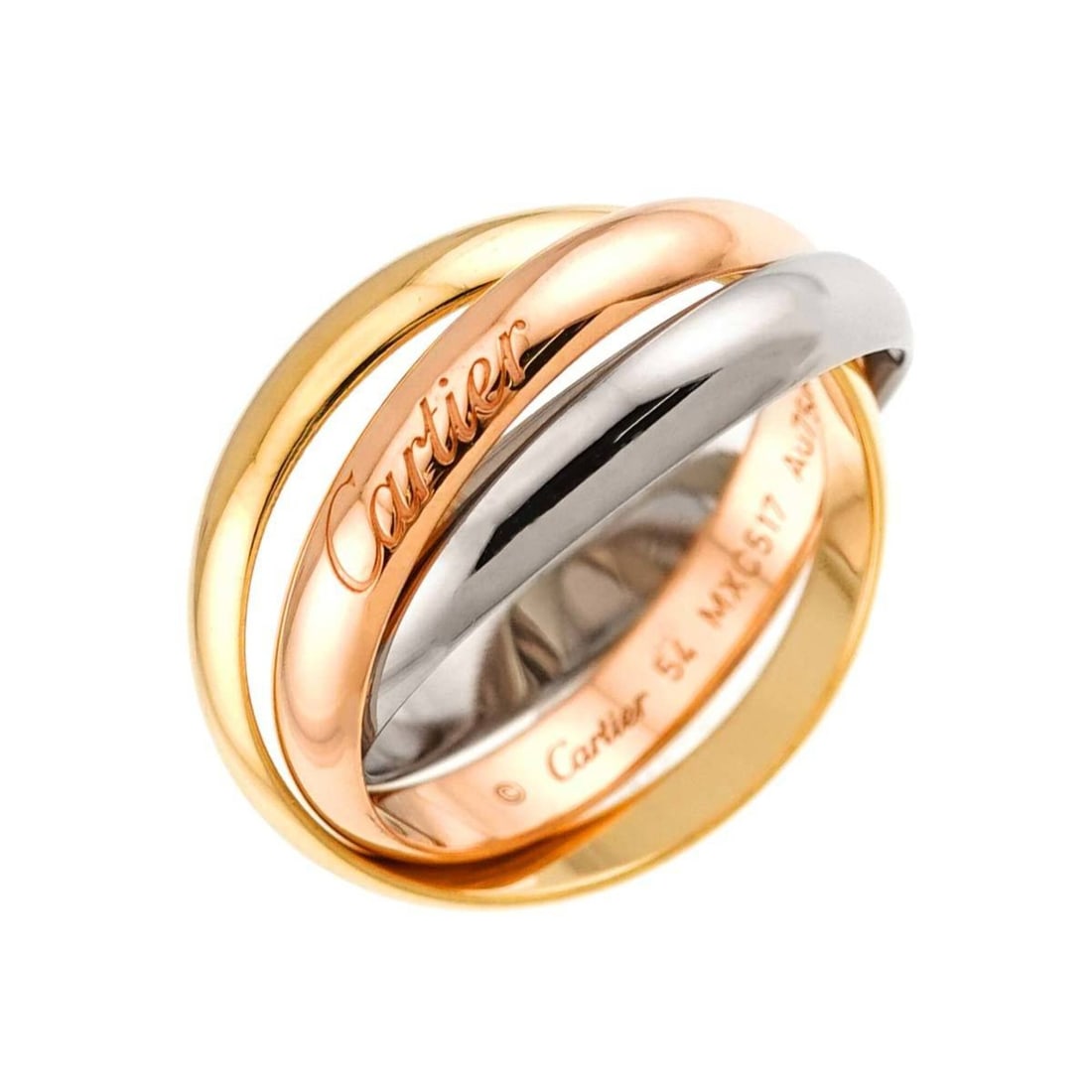 Cartier Trinity MM #54 Ring, 18K Yellow Gold, White Pink Triple Band, Three Colors, 750 Gold.: --- Catalog ---Category: SizeUS Size: 7Brand Size: 54Category: DesignType: Band ringGender: Women,MenMaterial: Pink gold (18K), White gold (18K), Yellow gold (18K)Category: GeneralBrand: Cartier--- It